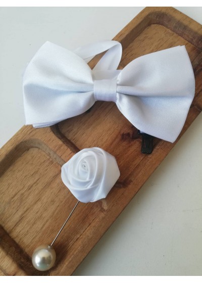 Комплект папийонка и бутониера за младоженец в цвят бяло