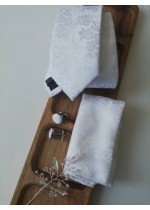 Луксозен комплект за младоженец- вратовръзка, дизайнерска бутониера, ръкавели и кърпичка в бяло