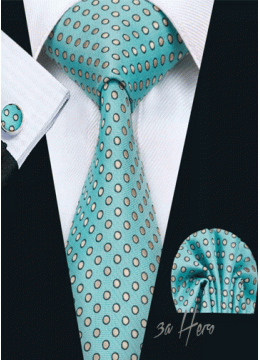 Комплект мъжка вратовръзка, ръкавели и кърпичка в светъл тюркоаз и бяло
