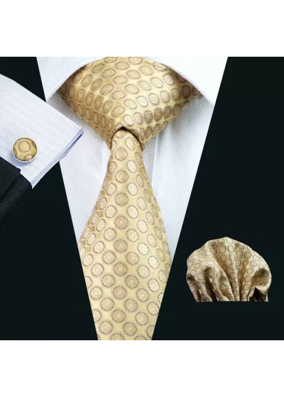 Официален комплект за младоженец и абитуриент от вратовръзка кърпичка и ръкавели в златно