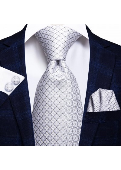 Изискан комплект вратовръзка кърпичка и ръкавели за сватба и бал в бяло и сребристо