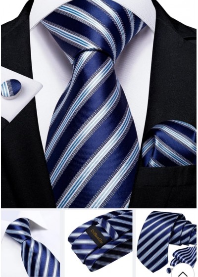 Модерен комплект за младоженец и абитуриент от вратовръзка кърпичка и ръкавели в кралско синьо и бяло
