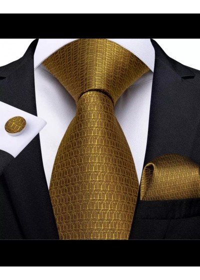 Модерен комплект за младоженец и абитуриент от вратовръзка кърпичка и ръкавели в цвят старо злато