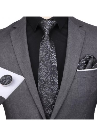Официална Вратовръзка комплект с кърпичка и ръкавели в черно и сребристо сиво