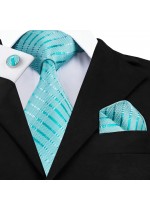 Изчистен комплект вратовръзка кърпичка и ръкавели в цвят тюркоаз (Тифани)