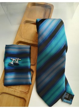 Ефектен мъжки комплект вратовръзка кърпичка и ръкавели в тъмно синьо и тюркоаз и кутия