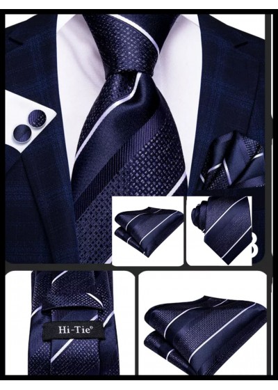 Класически комплект вратовръзка кърпичка и ръкавели в тъмно синьо цвят деним и бяло