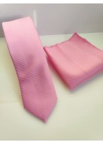 Тънка вратовръзка и кърпичка в розово от копринен жакард