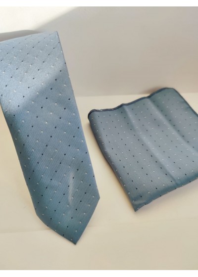 Тънка вратовръзка в синьо - сиво комплект с кърпичка за джоб