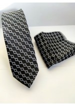 Мъжки комплект вратовръзка и кърпичка за джоб в черно и бяло