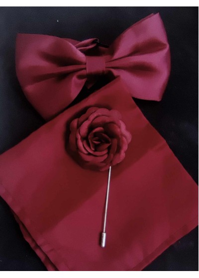 Комплект мъжка папийонка кърпичка и бутониера в Бордо - тъмно червено