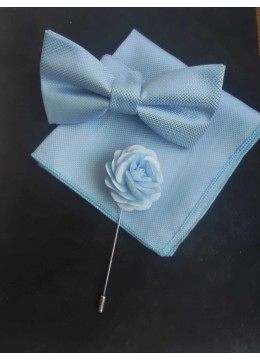 Комплект за младоженец и абитуриент - папийонка кърпичка и бутониера цвят небесно синьо