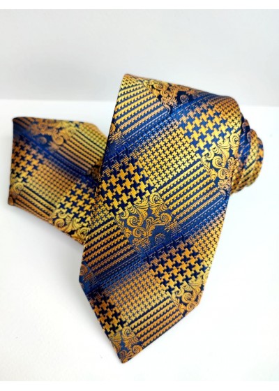 Ефектен комплект мъжка вратовръзка и кърпичка с елегантен дизайн в жълто и тъмно синьо