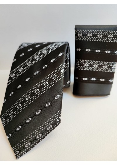 Мъжки комплект вратовръзка и кърпичка за джоб за абитуриент цвят черно с бели акценти