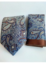 Бизнес клас копринена мъжка вратовръзка и кърпичка в кафяво и синьо