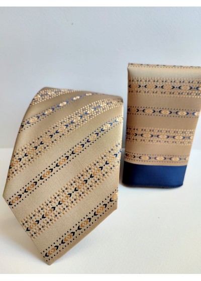 Комплект мъжка копринена вратовръзка и кърпичка в златно