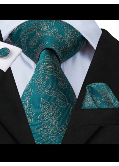 Комплект вратовръзка кърпичка и ръкавели цвят тъмен тюркоаз със златисти мотиви РМЧ21085