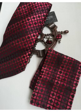 Луксозен мъжки комплект копринена вратовръзка ръкавели и кърпичка за джоб в червено и бордо