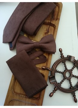 Луксозен мъжки комплект вратовръзка папийонка и кърпичка в шоколадово кафяво