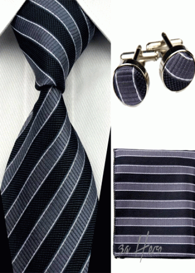 Комплект елегантна мъжка вратовръзка, ръкавели и кърпичка в сиво