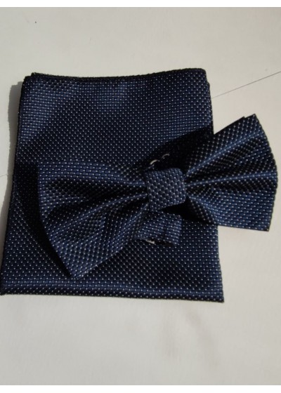 Мъжки комплект папийонка и кърпичка за джоб в тъмно синьо с дискретни бели точки