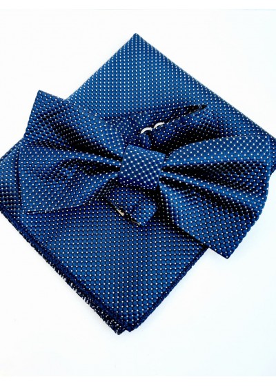 Стилен мъжки комплект папийонка и кърпичка за джоб в тъмно синьо с бели точки
