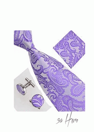 Комплект мъжка вратовръзка, ръкавели и кърпичка в светло лилаво