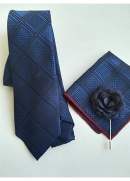 Ефектен комплект тъмно синя вратовръзка кърпичка за джоб и бутониера за младоженец и кум