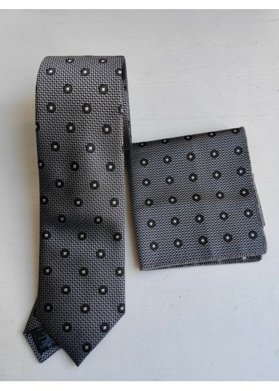 Бизнес клас мъжка вратовръзка комплект с кърпичка за джоб в Графитено сиво с черни и бели акценти