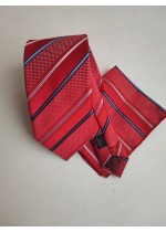 Мъжка вратовръзка комплект с кърпичка за джоб в червено с акценти в бяло и синьо