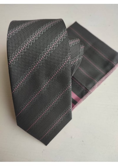 Бизнес клас мъжка вратовръзка комплект с кърпичка за джоб в Сиво и Розово