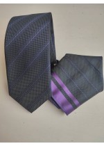 Бизнес клас мъжка вратовръзка комплект с кърпичка за джоб в тъмно сиво и лилаво