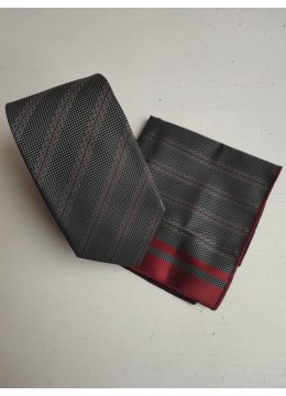 Бизнес клас мъжка вратовръзка комплект с кърпичка за джоб в тъмно сиво с бордо