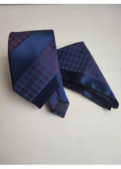 Бизнес клас мъжка вратовръзка комплект с кърпичка за джоб в тъмно синьо и тъмно лилаво с геометрични мотиви