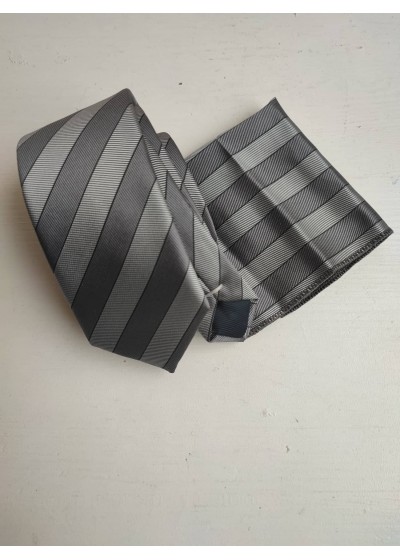 Тънка мъжка вратовръзка комплект с кърпичка за джоб в сребристо и тъмно сиво